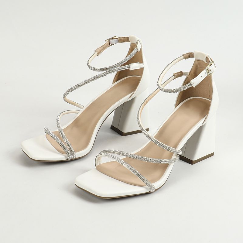 Chunky Heels Women's Line With Rhinestone Sequins Large Size Women's Shoes White Simple Open-toed Sandals_voghion.com