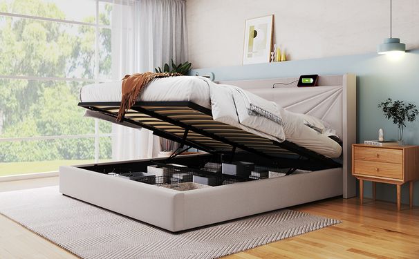 Lit double avec chargement USB Type-C, lit coffre avec tiroir sous le lit, tête de lit capitonnée, cadre de lit coffre en lin pour ados 160 x 200 cm avec sommier à lattes (matelas non inclus)_voghion.com