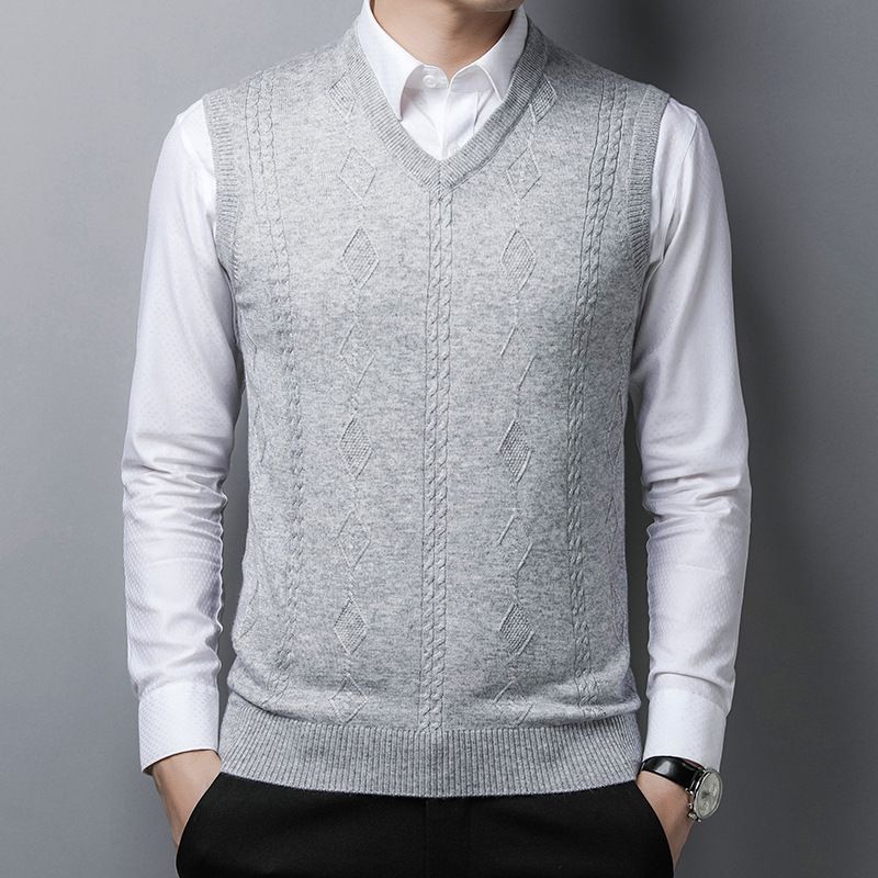 ​​Herren-Wollweste mit V-Ausschnitt, ärmelloser Strickpullover für Papa, einfarbiger Slim-Fit-Pullover für Freizeit und Business​​_voghion.com