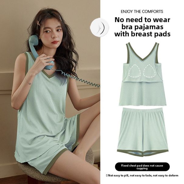 "Cool Ice Silk" Sommerpyjama mit Brustpolstern für Damen | Weste-Shorts-Set mit Fäden, ärmellos, lässig, Loungewear für Studenten_voghion.com