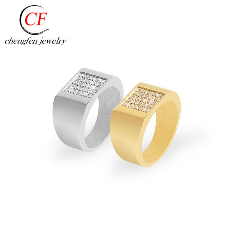 Anello Hip Hop in acciaio al titanio, unico e lussuoso, da uomo, quadrato, con diamanti, in oro e acciaio inossidabile._voghion.com