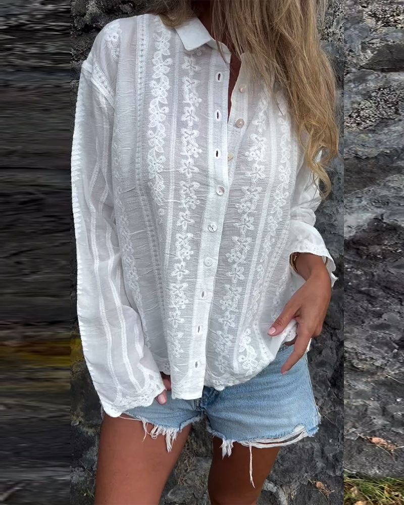 Women's Clothing Solid Color Embroidered Hollow All-match Polo Collar Cardigan Top_voghion.com