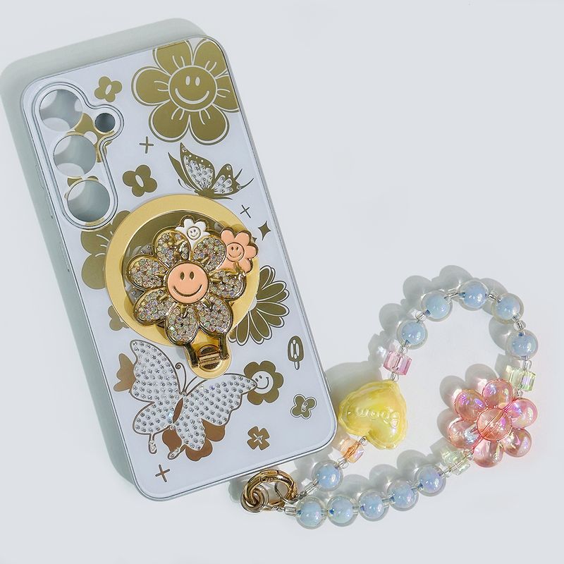 Für Samsung S22 S23 S24 Plus Ultra Süße Blume Strass Schmetterling Magnetischer Ständer Halter Perle Handgelenk Kette Telefon Fall Abdeckung_voghion.com