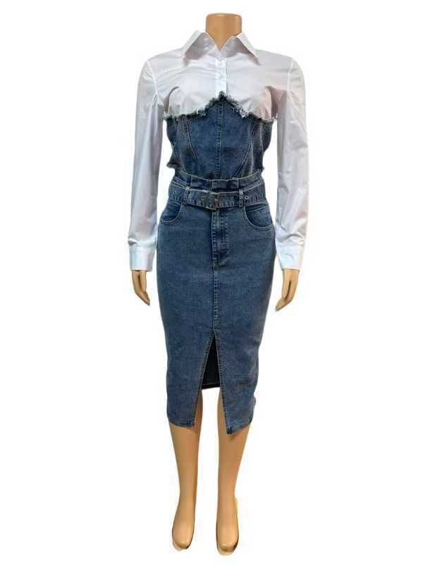 Traje de dos piezas para mujer: camisa de manga larga con costuras, vestido de mezclilla con abertura_voghion.com