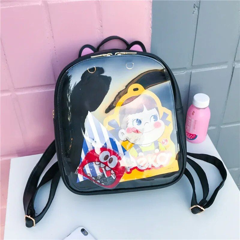 Zaini in pelle con orecchie di gatto adorabili Borsa trasparente color caramello Borse a tracolla da donna Zaino da viaggio per ragazze adolescenti_voghion.com