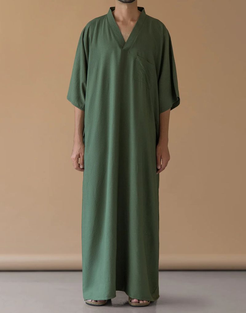 Herenkleding Moslimgewaad Heren V-hals Korte mouwen Zak Pyjama Thobe_voghion.com