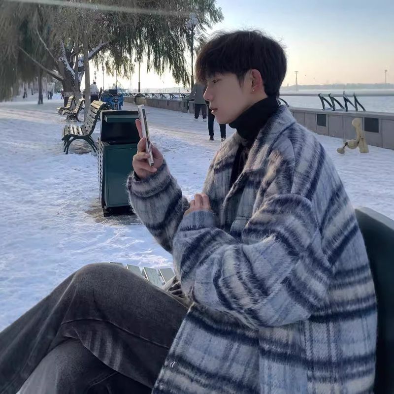 Xiaoxiangfeng woolen plaid new coat men's autumn and winter retro collar woolen coat windbreaker jacket_voghion.com