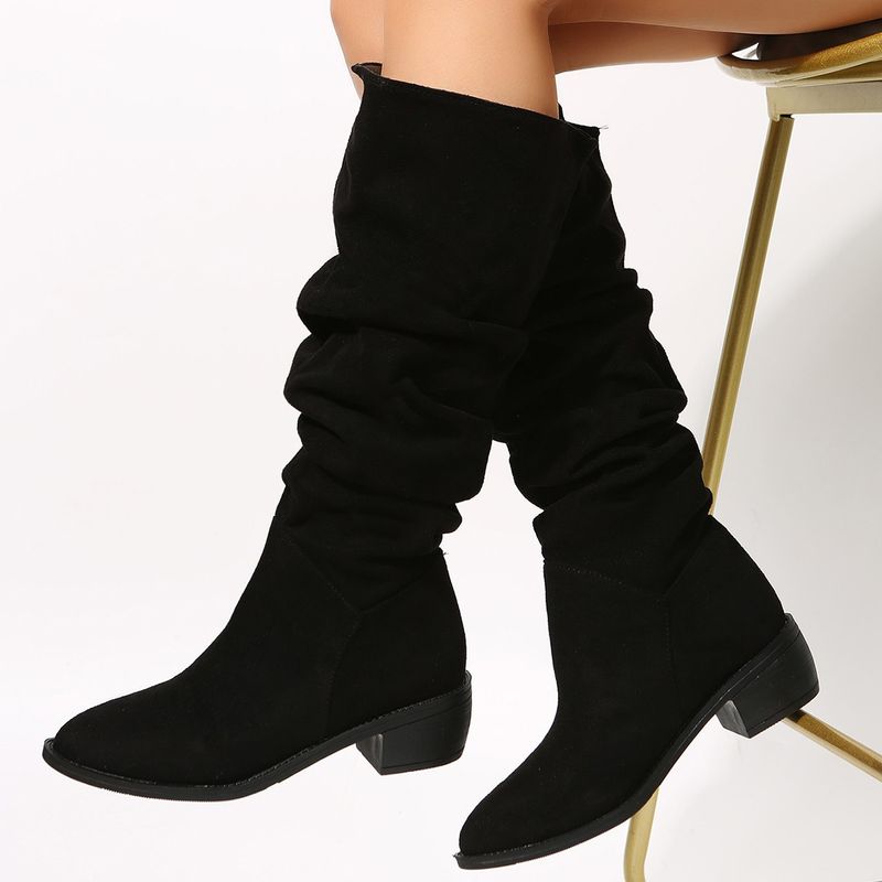 New pleated boots for women plus size high tube suede boots with thick heels_voghion.com