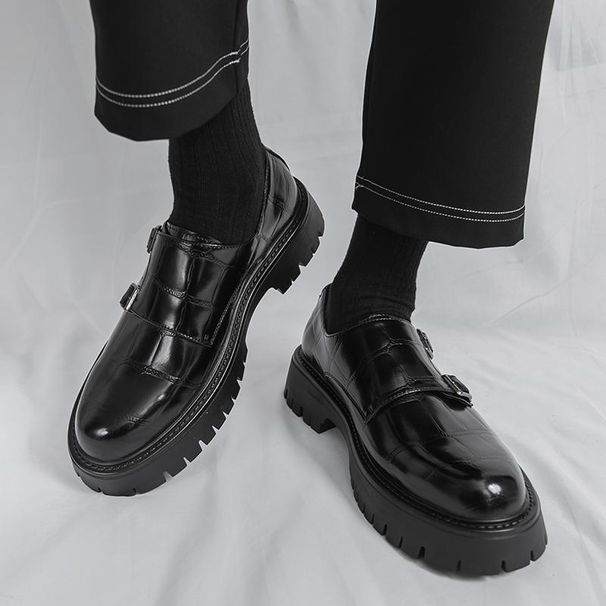 Euro Step 2025 Autumn New Large Double Needle Buckle Loafers For Men 38-46 Size Patent Leather Glossy Thick Heel Height Increasing_voghion.com