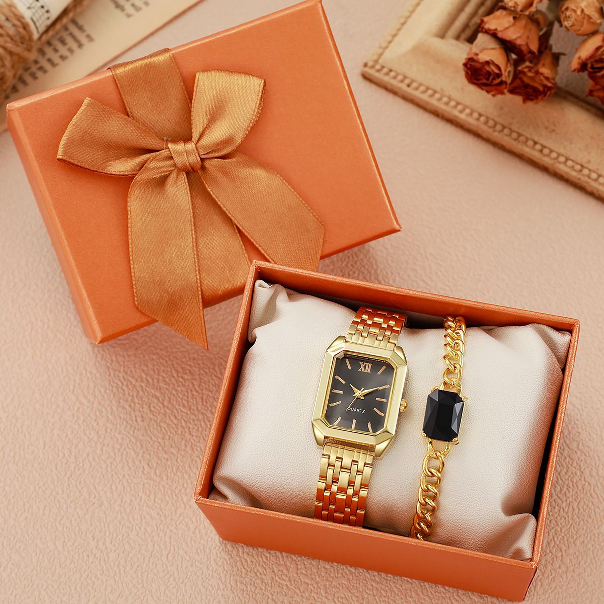 2pcs/set Roman Numeral Fashion Watch With Decorative Chain Bracelet Set_voghion.com