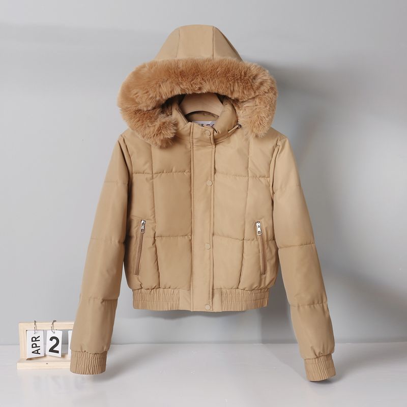 Damenbekleidung Kurzer Parka plus samtverdickte Baumwolljacke für Studenten mit großem Pelzkragen, flacher Mantel_voghion.com