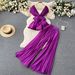 Completo elegante di alta gamma per donna, estivo, composto da camicetta in chiffon plissettato senza maniche + pantaloni a gamba larga a vita alta, due pezzi_voghion.com
