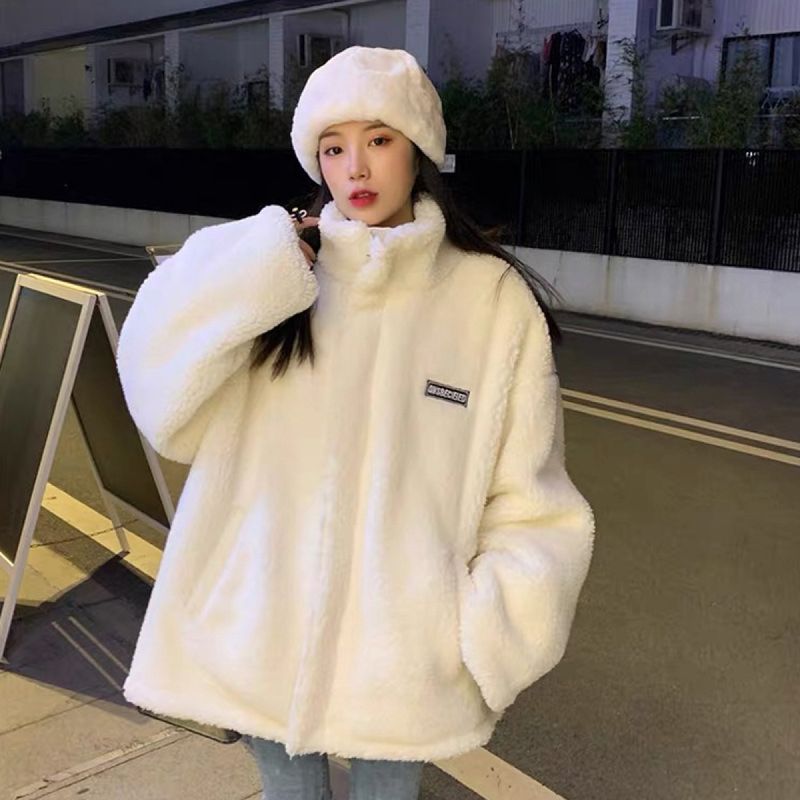 Warm Vertical Collar Lamb Wool Let Cotton-padded Jacket, Thick Korean Style Sweatshirt For Women, 2023 Autumn And_voghion.com