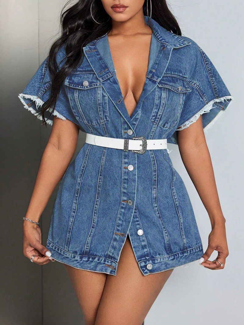 Veste en jean à bords bruts style rétro pour femme_voghion.com