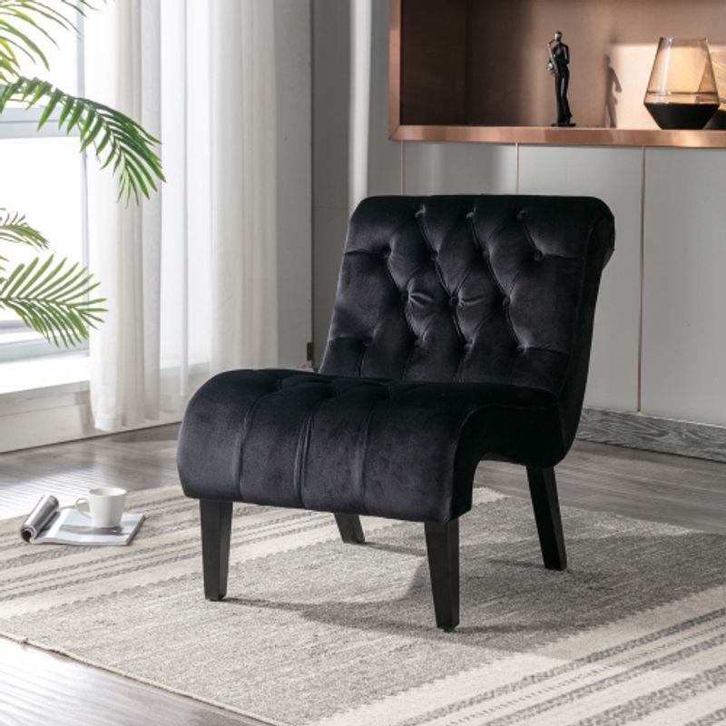 Accento moderno in velluto senza braccia Wohnzimmer Stuhl / Freizeit Stuhl, Gepolstert Stoff Knopf Bequemen Stuhl Mit Holzbeinen Für Schlafzimmer, Wohnzimmer, Büro (schwarz)_voghion.com