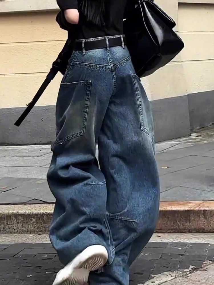 Jean slim taille haute plissé pour homme, coupe large, grande taille, style rétro, délavé, style cimeterre_voghion.com