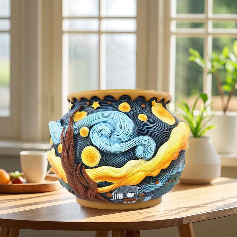 Van Gogh Inspired Series Starry Sky Resin Flower Pot Large Diameter Home Desktop Garden Potted Plant Container_voghion.com