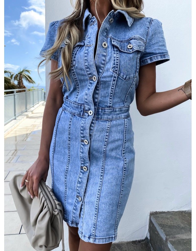 Robe en jean mi-longue stretch mi-longue rétro slim à simple boutonnage pour femme_voghion.com