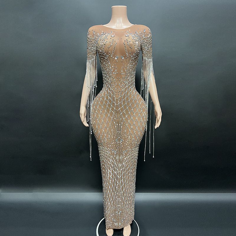 Women's Clothing Novans tan tassel mesh long skirt diamond short sleeve elegant slim dress party dance_voghion.com