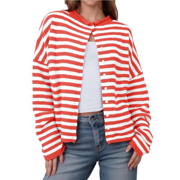Women's Clothing Striped Color-Block Cardigan Sweater Long Sleeve Casual Open Front Knit Top For Fall Winter_voghion.com