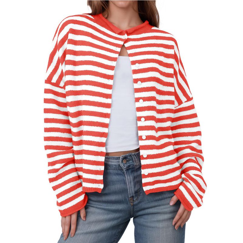 Cardigan a righe color block da donna, a maniche lunghe, casual, aperto sul davanti, per autunno inverno_voghion.com