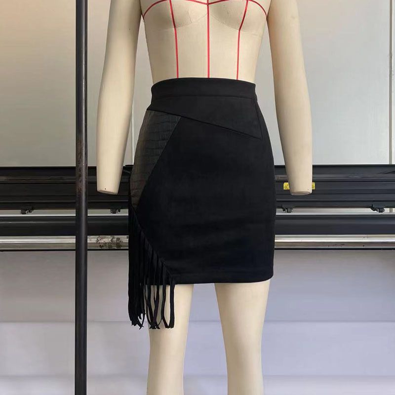 Robe en cuir à franges pour femmes, jupe en peau de cerf, couture irrégulière, taille haute, paquet sexy, jupe de hanche_voghion.com