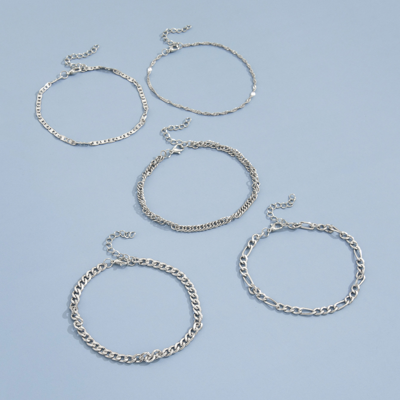 Set di cinque pezzi di cavigliera con catena a serpente, elegante, semplice e creativa in metallo_voghion.com