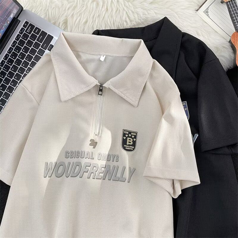 Waffel-Poloshirt für Herren im Sommer, amerikanische Modemarke, gutaussehendes, halbärmeliges T-Shirt mit Reißverschluss für Jugendliche_voghion.com