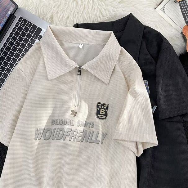 Waffel-Poloshirt für Herren im Sommer, amerikanische Modemarke, gutaussehendes, halbärmeliges T-Shirt mit Reißverschluss für Jugendliche_voghion.com