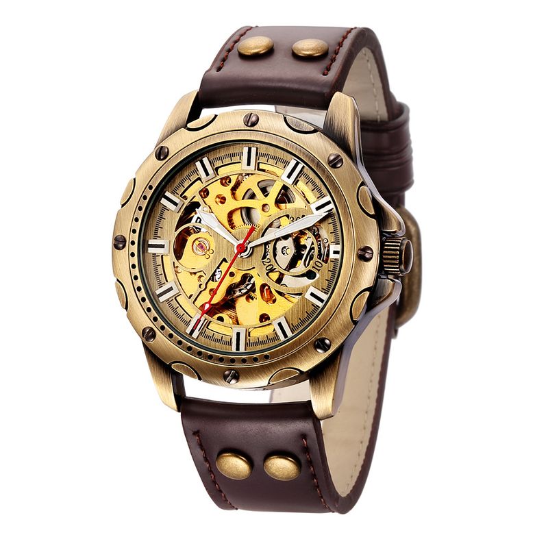 SHENHUA  9536 wholesale Brown men mechanical watch latest Leather band water proof transparent character Leisure watch design_voghion.com