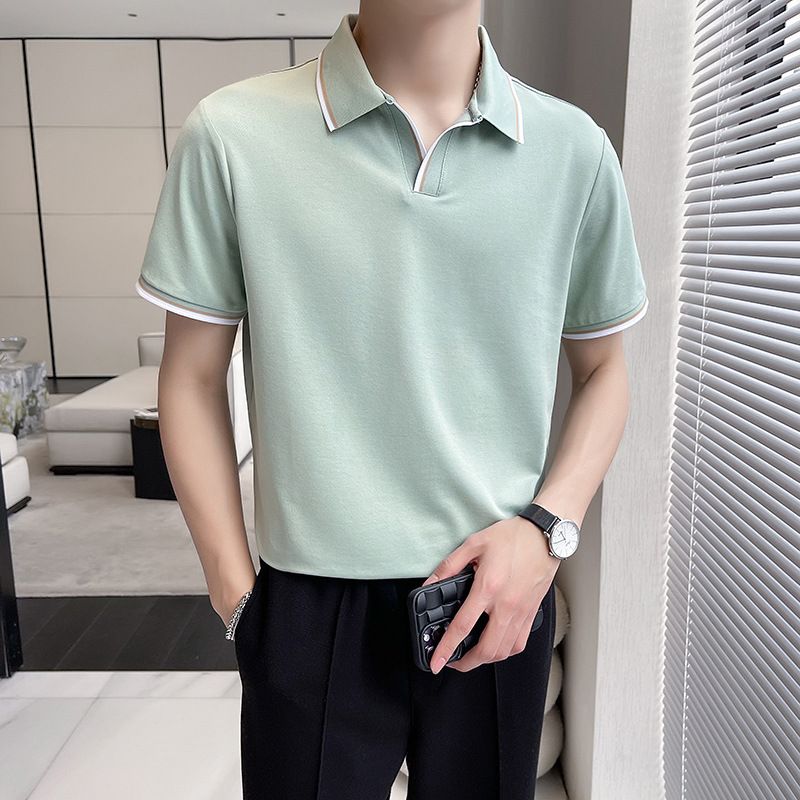 Summer Men's New Men's Short-sleeved Polo Shirt Fashionable Mulberry Silk V-neck Trim Color Matching Men's Lapel POLO_voghion.com