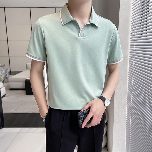 Summer Men's New Men's Short-sleeved Polo Shirt Fashionable Mulberry Silk V-neck Trim Color Matching Men's Lapel POLO_voghion.com