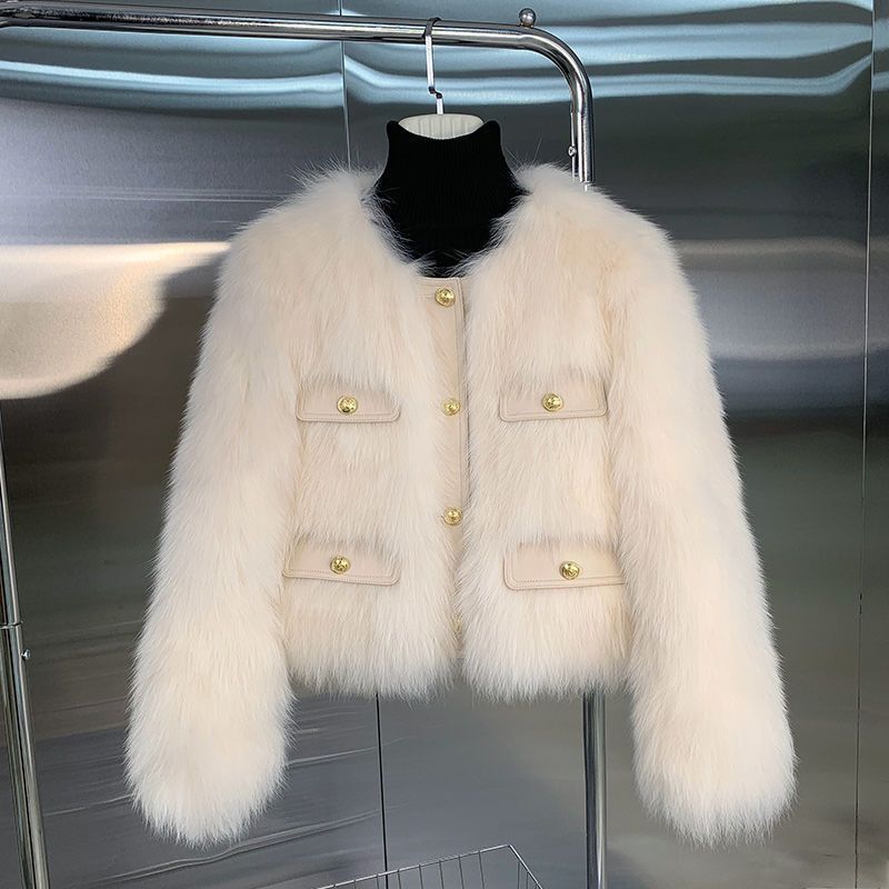 "Eleganter Kurzmantel für Damen - Weiche Winterjacke mit Kunstfellfutter, Leichtes Polyester-Mischgewebe, Rundhalsausschnitt, Knopfleiste vorne, S/M/L/XL, Beige/_voghion.com