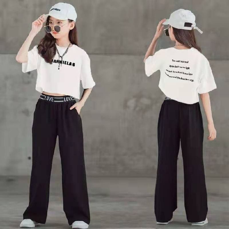 Novo item de verão para meninas de 2023, versão coreana estilosa Zhongda, blusa de manga curta infantil, conjunto de duas peças com calças largas_voghion.com