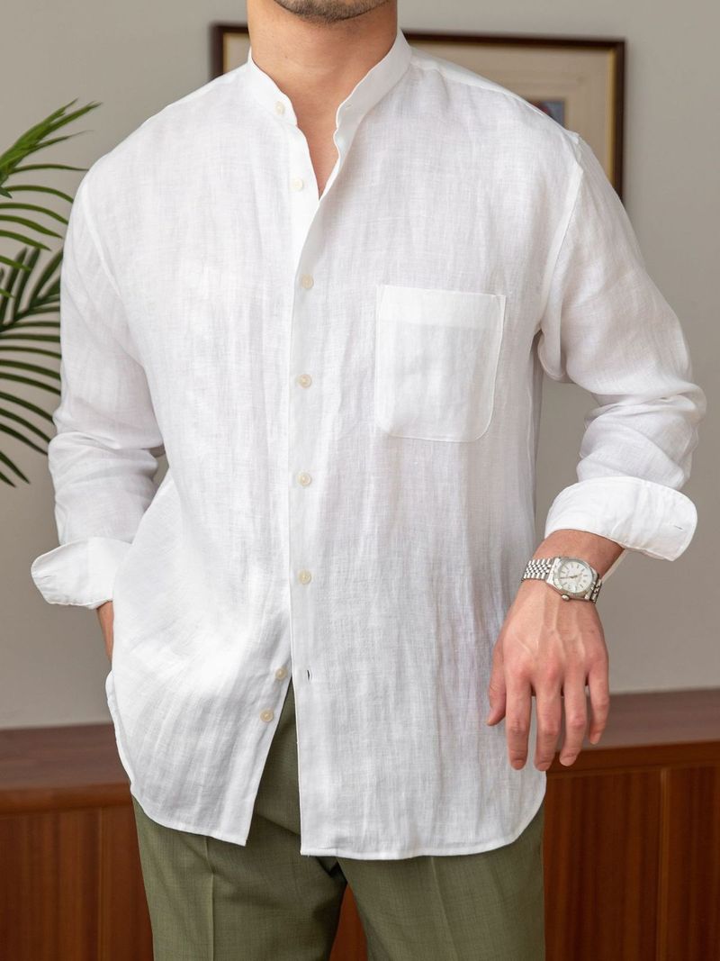Camicia a maniche lunghe in puro lino per uomo, versatile camicia da vacanza con collo alto, maglia da uomo con collo Henley_voghion.com