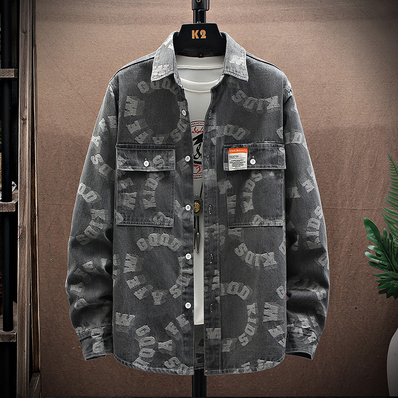 Versione coreana camicia a maniche lunghe in denim da uomo autunno versione coreana jacquard ispessito giacca camicia casual allentata di marca alla moda di Hong Kong_voghion.com