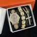 Conjunto de relógio feminino elegante com algarismos romanos e detalhes em cristal, conjunto de joias para presente, pulseira de aço inoxidável, movimento de quartzo, resistente à água_voghion.com