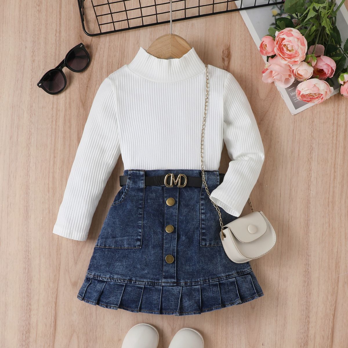 Children's Dress Girls Solid Color Vest Long Sleeve Top Denim Open Bag Pleated Skirt Suit_voghion.com