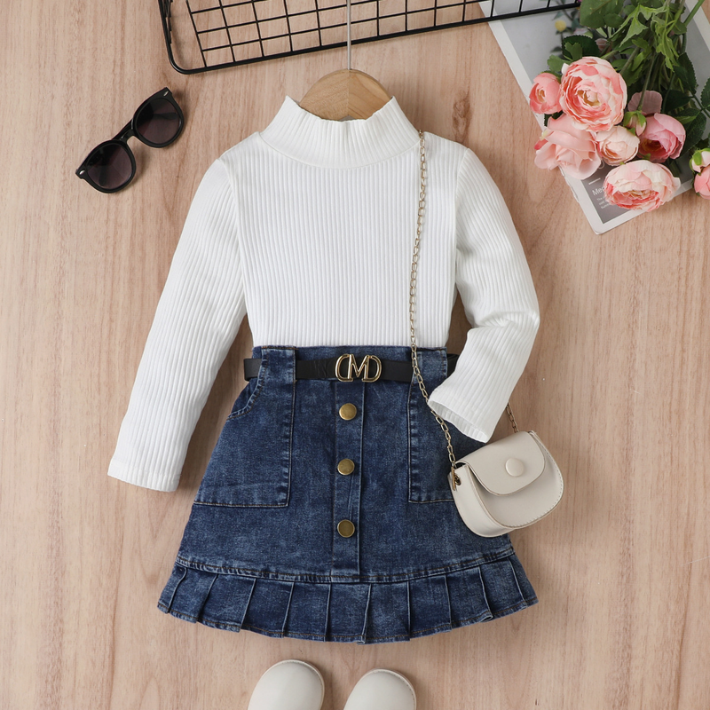 Abito per bambini, gilet tinta unita per ragazze, top a maniche lunghe, borsa aperta in denim, gonna a pieghe_voghion.com