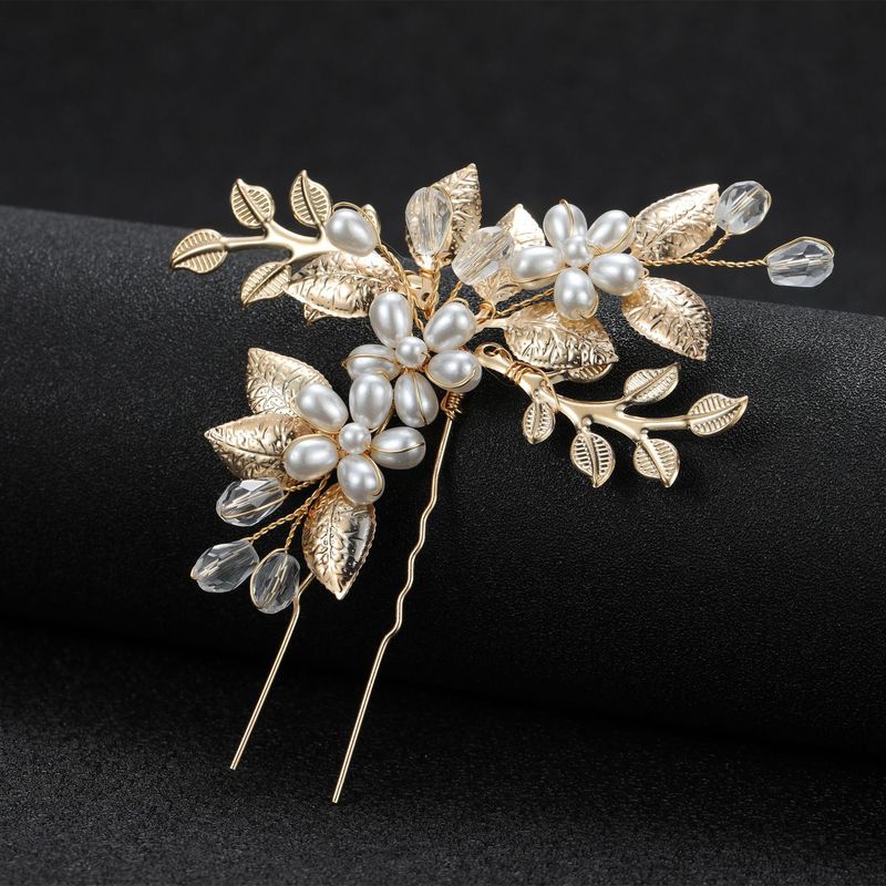 Gioielli da donna foglia d'argento perla fatta a mano cristallo forcina a forma di U copricapo da sposa_voghion.com
