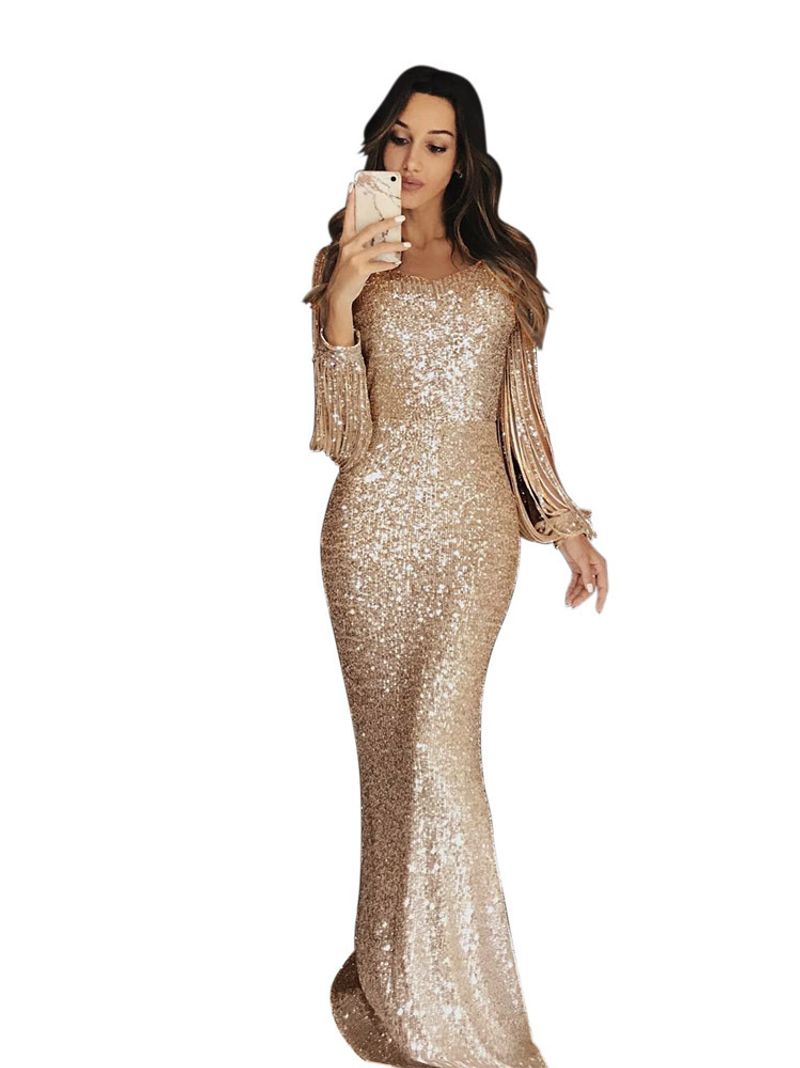 Women's Clothing Long Skirt Evening Dress Long Sleeved Tassel Dinner Dress_voghion.com