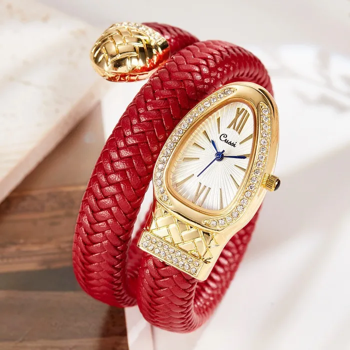 Snake Head Watch Fashion Personality Quartz Watch Set With Diamond Leather Strap_voghion.com