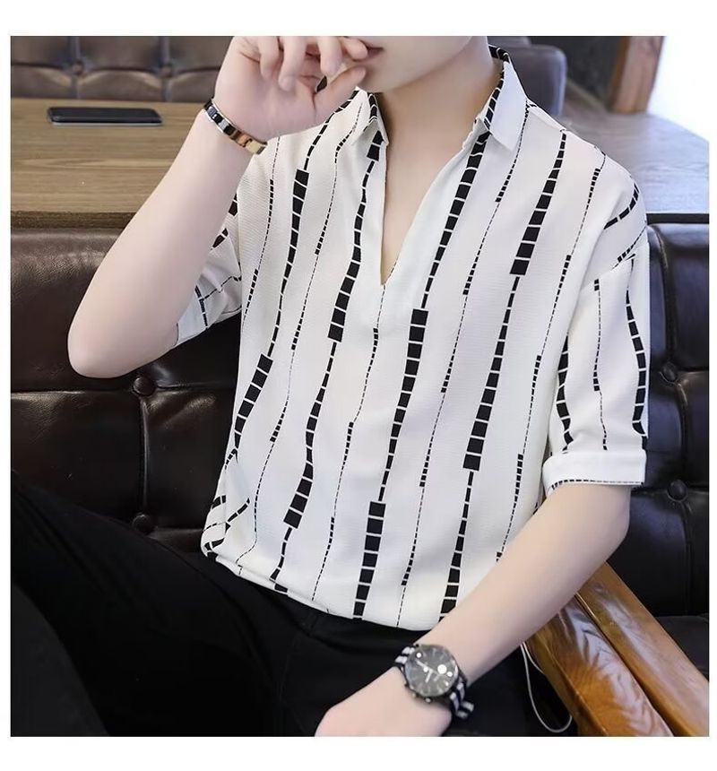 Korean version summer American style flip collar zippered t-shirt for men's casual wear short sleeved shirt for men's striped polo shirt_voghion.com