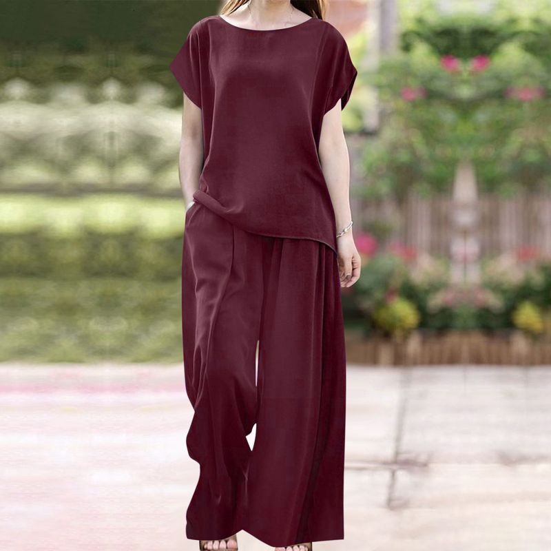 Women's 2-piece set fashionable short-sleeved shirt and wide-leg pants loose sportswear_voghion.com