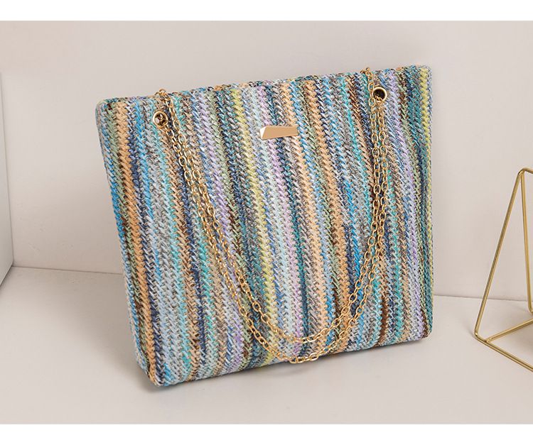 Gewebte Tasche Damentasche Vertikal Regenbogen Ethno-Stil Unterarmtasche Kette Hohlfarbe Große Tasche_voghion.com