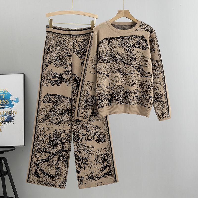 Women’s Clothing Women's Spring And Autumn Tiger Print Knitted Suit Fashionable Sweater Loose Wide-leg Pants Two-piece Suit_voghion.com