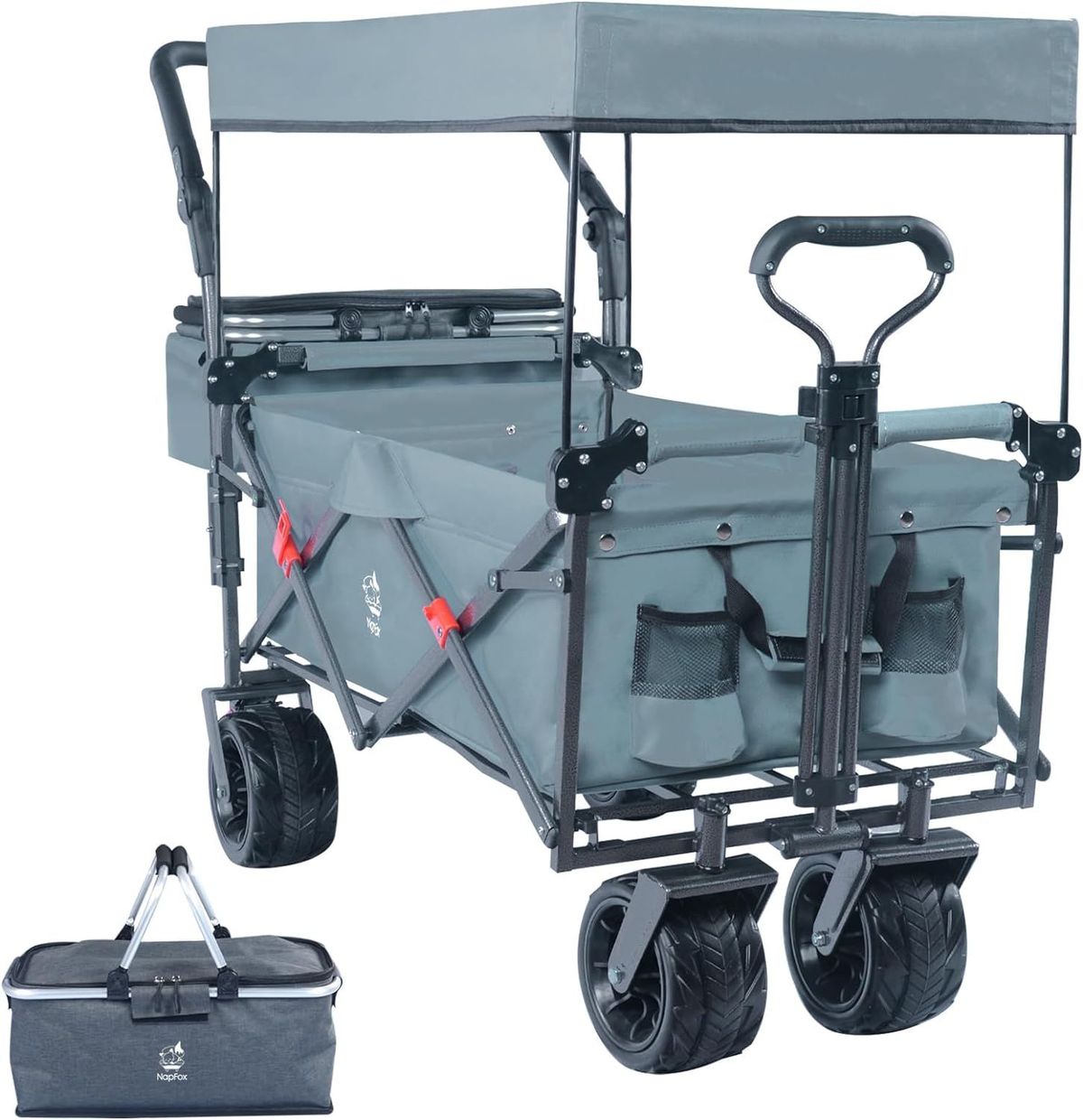 Collapsible Wagon Heavy Duty Folding Wagon Cart With Removable Canopy, 4" Wide Large All Terrain Wheels, Brake, Adjustable Handles,Cooler Bag Utility Carts For Outdoor Garden Beach_voghion.com