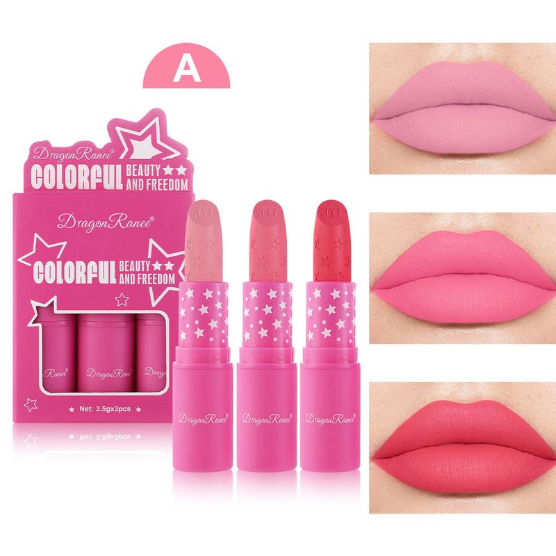 Matte Velvet Lipstick Set - Long - Lasting, - Printed, 3 - Piece Set Of Rose - Red Lipsticks_voghion.com