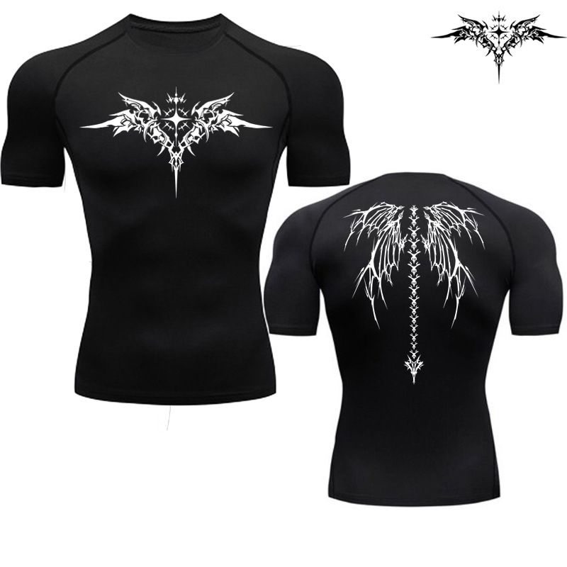 Koszulka kompresyjna męska Czarny T-shirt fitness Męska koszulka szybkoschnąca Fitness Odzież sportowa Ochrona przeciwsłoneczna Sport Dopasowany_voghion.com