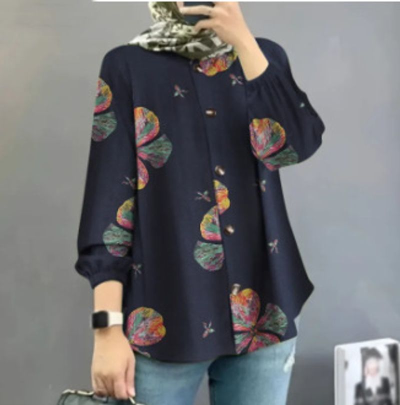 Camisa estampada musulmana para mujer, camisa de manga abullonada a la moda, ropa informal holgada_voghion.com